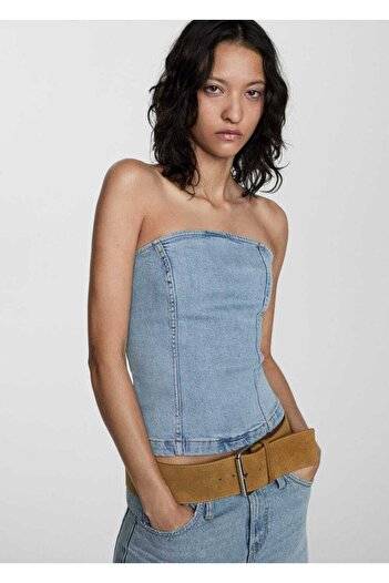 MANGO Woman Bluză din denim fără bretele