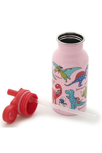 Tyrrell Katz Stainless Steel Flask - 400 Ml, with Straw, Pink Dino