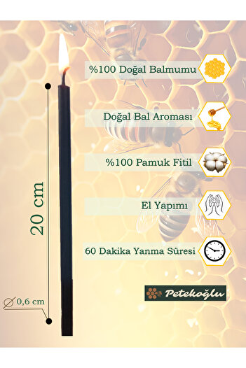 Petekoğlu (15 Adet Siyah) Balmumu Mum Dilek Mumu Doğal Petek Ince Uzun Parti Nişan Düğün Ritüel Pasta Mumu