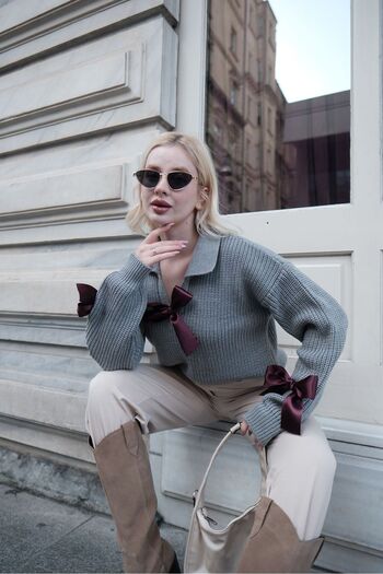 NİLZA Women's Gray Polo Neck Bow Ribbon Detailed Trend Knitwear Sweater