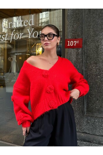 Laluvia Red Zyra Self Floral Buttoned Cardigan