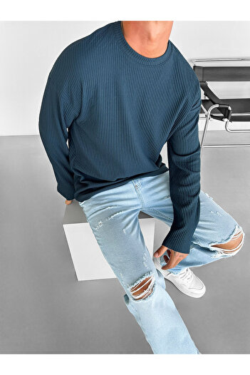 ablukaonline Erkek Rahat Kalıp Fitilli Uzun Kollu Sweatshirt Petrol Mavi