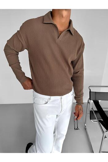 ablukaonline Men's Comfortable Fit Ribbed Polo V-Neck Long Sleeve Sweatshirt Brown