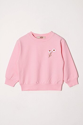 zepkids Crew Neck Long Sleeve Daisy Embroidered Pink Color Girl's Tracksuit Set