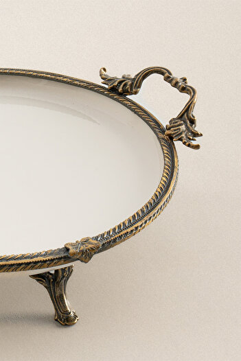 Nazik Home Sierra Antique Detailed Porcelain Presentation Holder with Handle Round (25 cm)