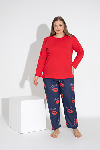 ModaLeaf Red Color Long Sleeve Kisses Printed Lip Pattern Pajamas Set 101