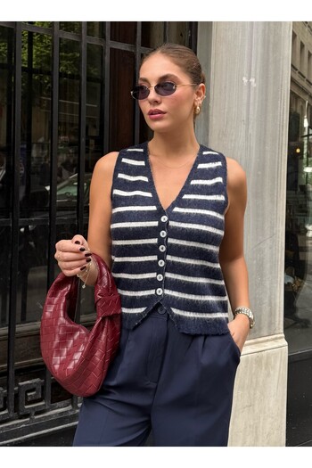 Laluvia Navy Blue-Cream Mother of Pearl Buttoned Two-Color Vest