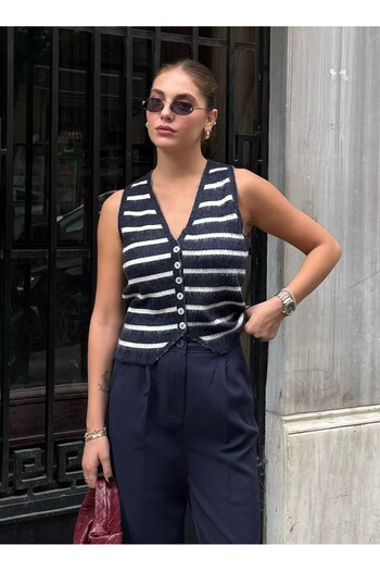 Laluvia Navy Blue-Cream Mother of Pearl Buttoned Two-Color Vest