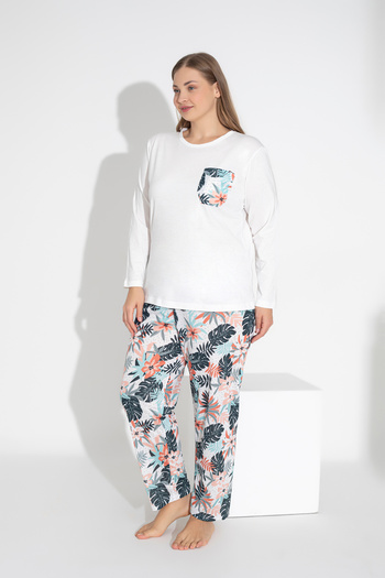 ModaLeaf Ecru Color Long Sleeve Floral Print Pajamas Set 103