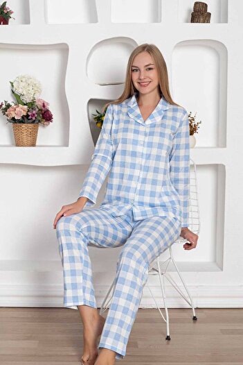Miss Merveille Set de pijamale pentru femei cu nasturi în carouri - Bumbac pieptănat cu mânecă lungă albastră 2793uy