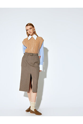 Koton Melis Ağazat - Houndstooth Patterned Midi Pencil Skirt with Slit Pockets and Belt