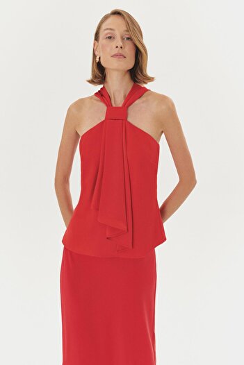 Exquise Satin Regular Red Blouse with Knot Detail
