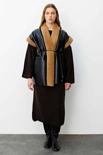 Hooopstore Camel Shawl Collar Furry Leather Vest