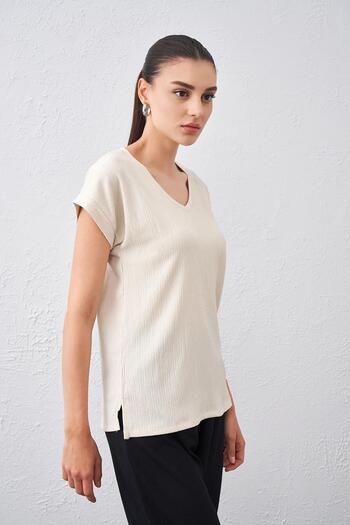 TENA Women's Stone V-Neck Low Sleeve Wrapped Fabric Blouse