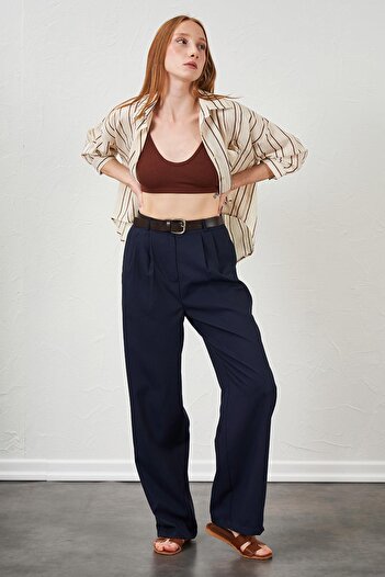 TENA Women's Navy Blue Double Pleated Belted Poly Viscose Palazzo Pants