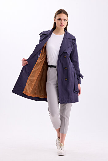 PASTELASTORE Dark Gray 100% Cotton Gabardine Midi (95cm) Lined Belted Women's Trench Coat 1113