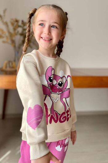 Riccotarz Girl's Pink Tracksuit Set with Stitch Character and Angel Text Printed