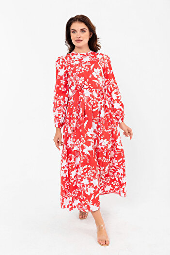 PASTELASTORE Red Leaf Patterned Colorful Cotton Summer Spring Belted Dress 2101
