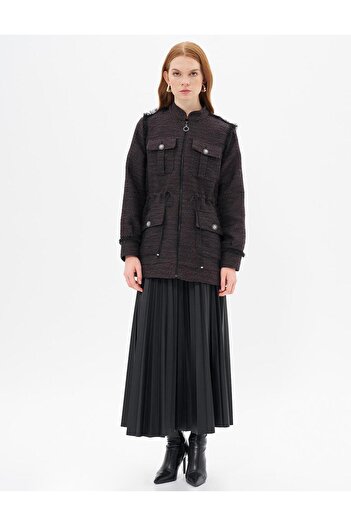 Kayra Plum Color Button Detailed Tasseled Jacket
