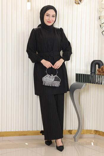 Modamihram Stone Detailed Belted Suit Black 19104
