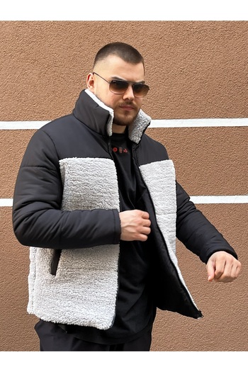 STONCS Men's Gray Straight Neck Plush Coat