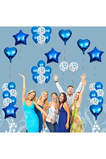 Paparti Mavi Kalp Yıldız Folyo Balon Seti Helyuma Uygun Doğum Günü Parti Dekorasyon Süsleme Seti