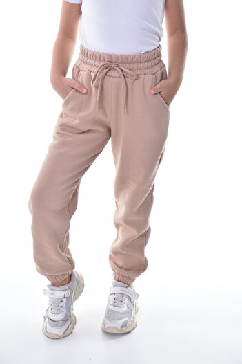 POLYMOOD Kız - Erkek Çocuk Bej Kışlık Compact Penye İçi Polar Şardonlu 3 Iplik Eşofman Altı Jogger Pantolon