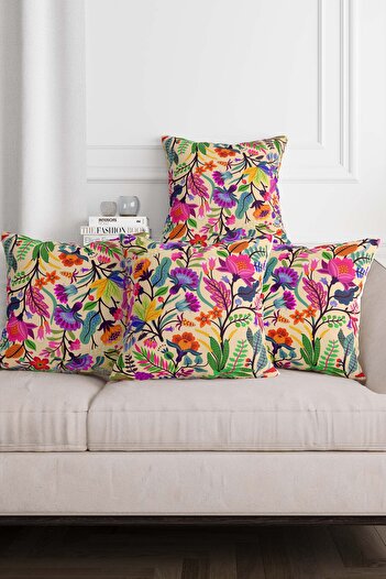 Sakallı Colorful Flowers Digital Printed Decorative 4-Piece Throw Pillow Cover Set