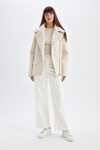DeFacto Waterproof Oversize Wide Fit Double Breasted Collar Pocket Seasonal Plush Lined Suede Coat A1301Ax24Wn