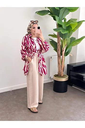 ASEL FASHİON Zebra Pink-Beige Cotton Linen Suit Set