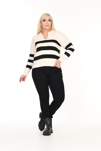 MJORA Polo Neck Striped Knitted Sweater