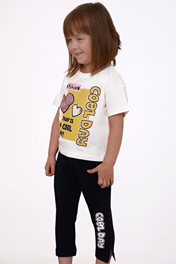 Breeze 5-10 Years Old Girl's Set - Capri Tights, Sequined Glitter, Text Printed Ecru