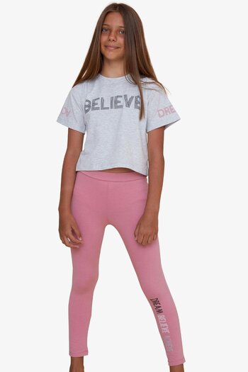 Breeze Girl's Capri Tights Crop Suit, Text Printed, Age 8-12, Light Gray Melange
