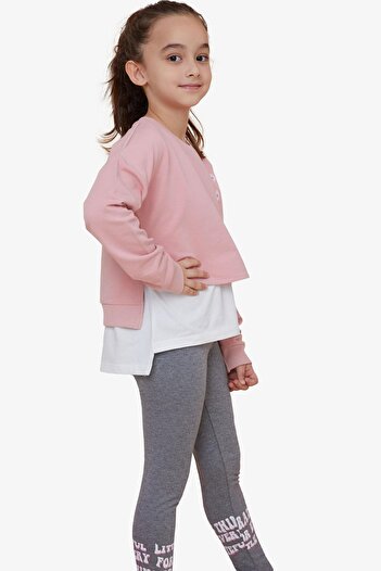 Breeze Kız Çocuk Taytlı Takım Yazı Çiçek Baskılı 8-12 Yaş, Gülkurusu