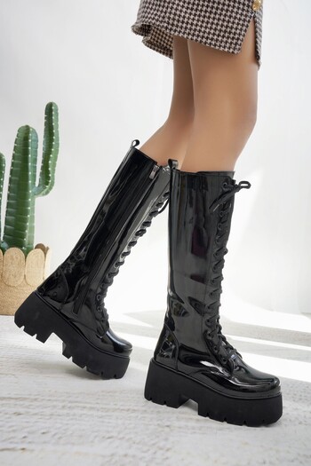 ALPODİ Women's High Sole Patent Leather Boots - Ald2000-Ç105
