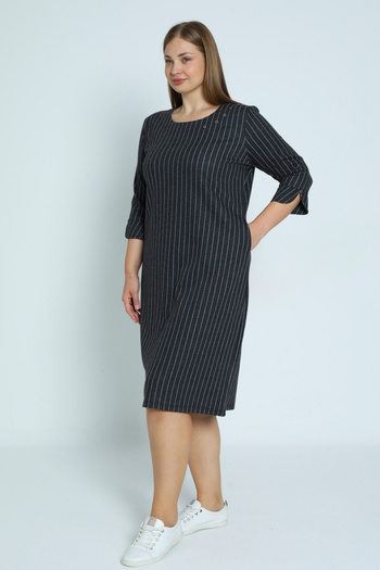 İntensive Women's Line Print Button Detail Plus Size Three Quarter Sleeve Lycra Dress