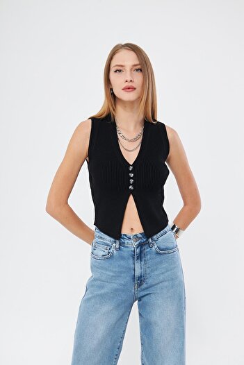 Irmak Kerekli Women's Black Ribbed Vest and Blouse - Y3107