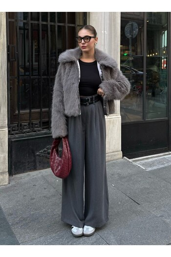 Laluvia Anthracite Grace Belted Wide Leg Trousers- 300001