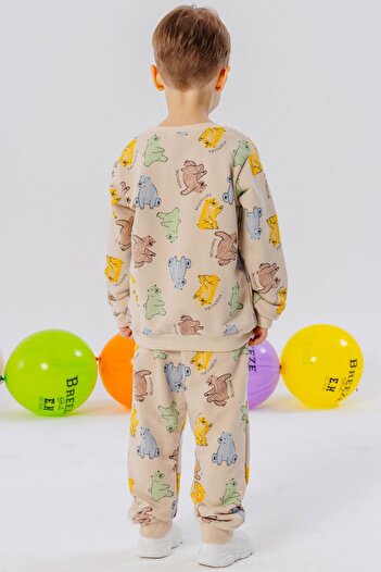 Breeze Erkek Çocuk Eşofman Takım Renkli Sevimli Ayıcık Desenli 1.5-5 Yaş, Bej