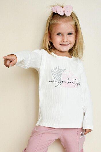Breeze 4-8 Years Old Girl's T-Shirt - Long Sleeve, Heart Text Printed, Ecru