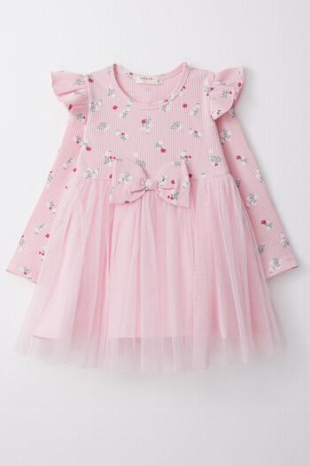 Breeze Pink Girl's Dress - Long Sleeve, Floral Bow, Tulle, 1.5-5 Years