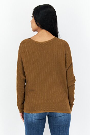 comma Women Jewel Neck Textured Long Sleeve Sweater, Brown