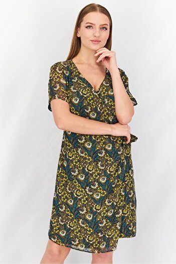 ONE STEP Women Floral Short Sleeve Midi Wrap Dress, Dark Green Combo