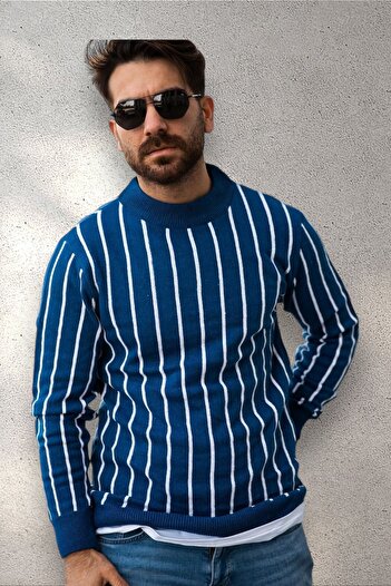 BİRBEYSTORE Model de pulover tricotat cu dungi pentru bărbați