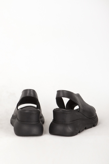 Dericlub Genuine Leather Women's Black Sandals - Strapped, Wedge Sole, Comfort Daily Zy 7712