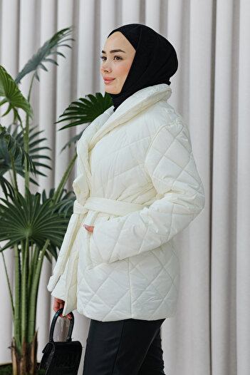 LOCCO Ecru Women's Coat - Waist Tie