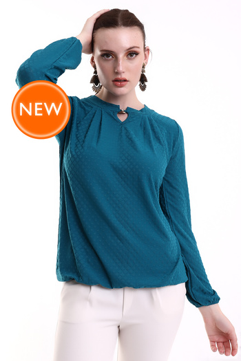 Şiir Kadoma Women's Petrol Pleated Drop Collar Accessories Knitted Jacquard Combed Cotton Long Sleeve Blouse & Hijab Blouse