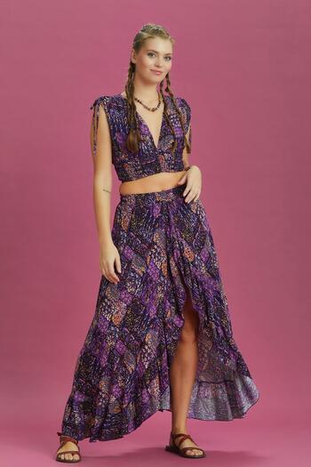 Los banditos Deep Front Slit Ruffled Patterned Gypsy Skirt