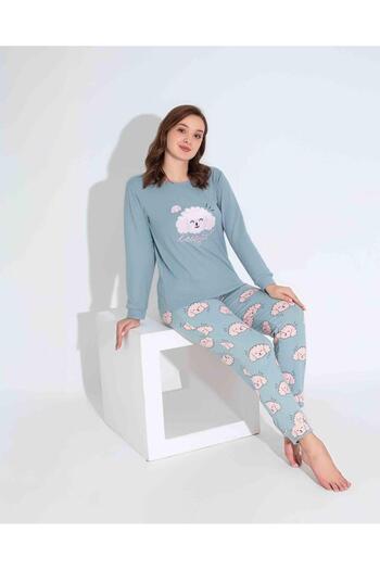 Tarık Women's Mother Girl Thermal Long Sleeve Crew Neck Blue Dog Embroidered Pajamas Set