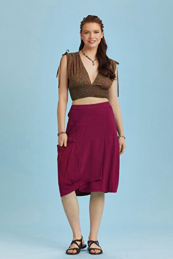 Los banditos Front Layer Pleat Detailed Midi Skirt with Pockets